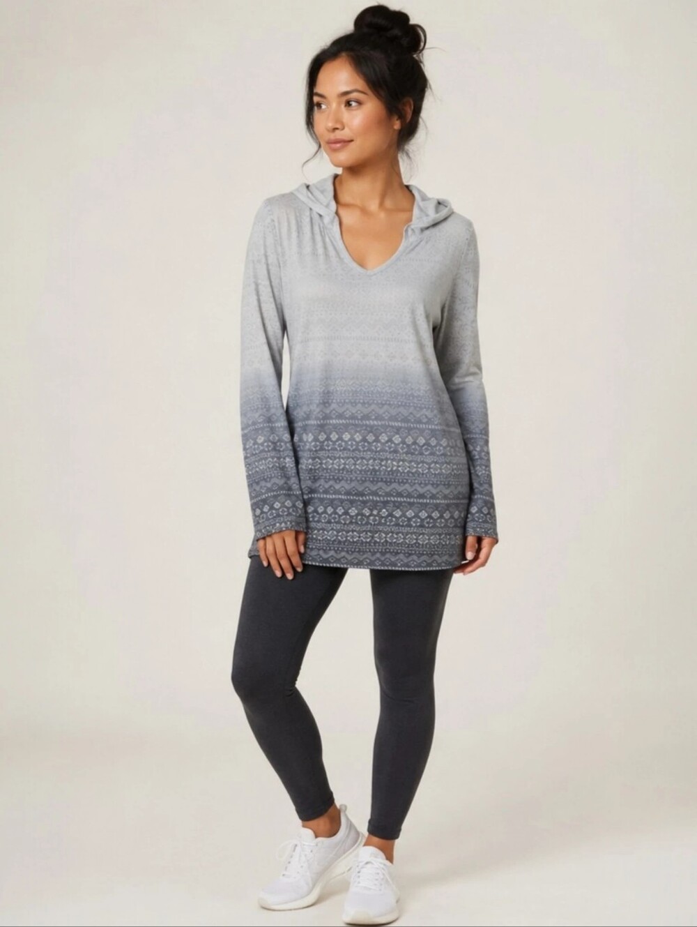 Earth Yoga Organic Cotton Hooded Tunic Top – Gray Ombre Geo Print – Size XL